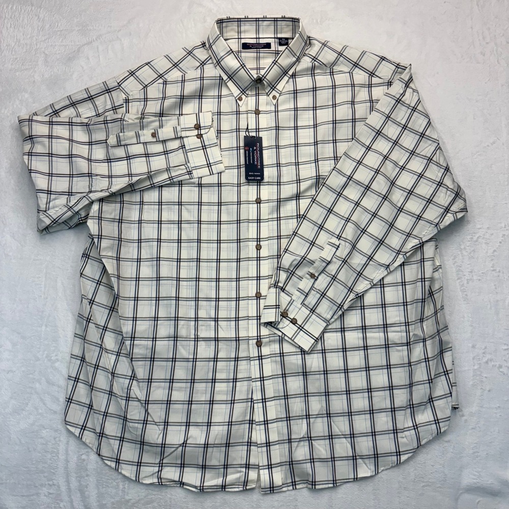 Roundtree & Yorke Big Man 3X Easy Care Plaid Button Down Shirt Whisper White NWT